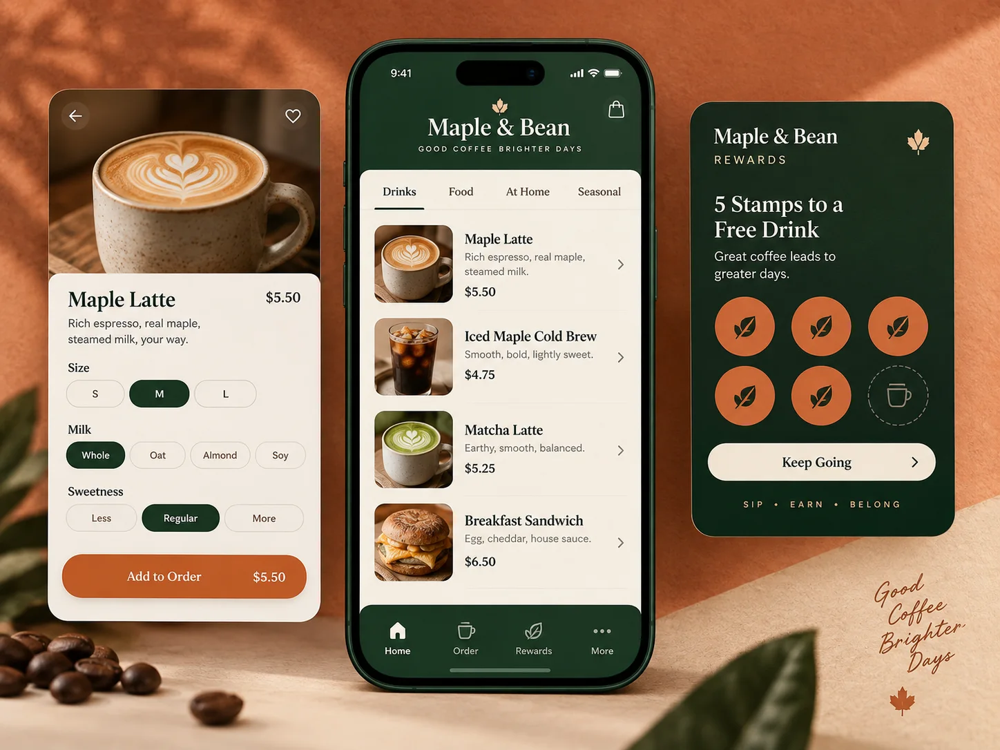 Maple & Bean café app screens showing its menu, drink customization, and loyalty rewards.