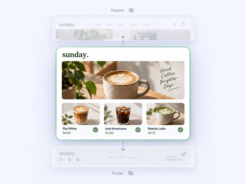 A coffee shop’s content remains prominent while its website header and footer are faded and separated, illustrating a cleaner app layout.